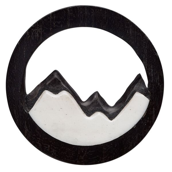 Focal, arang wood and bone (bleached), 34mm hand-carved single-sided cutout mountains, Mohs hardness 2-1/2. Sold individually. image number 0