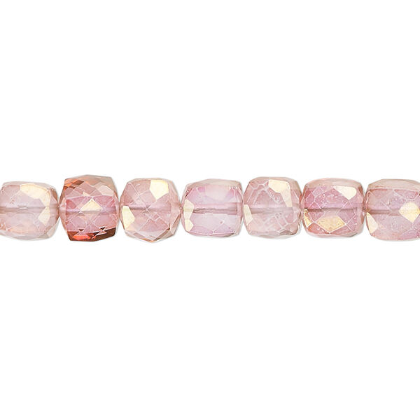 Bead, quartz crystal (coated), pink and peach, 6x5mm-7mm hand-cut faceted cube, B grade, Mohs hardness 7. Sold per 7-inch strand, approximately 30 beads. image number 0