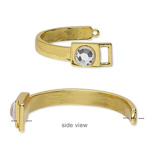 Bracelet component 1pkg1, glass rhinestone and gold-finished "pewter" (zinc-based alloy), clear, 7.5mm wide with 20.5x12.5mm buckle, 42x26mm inside diameter.