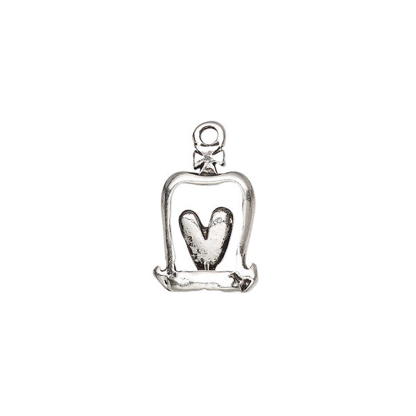Drop, antique silver-plated "pewter" (zinc-based alloy), 16x12mm double-sided open rectangle with heart. Sold per pkg of 10. image number 0