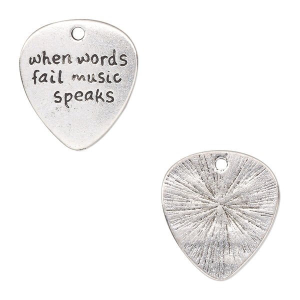 Charm, antique silver-finished "pewter" (zinc-based alloy), 24x22mm single-sided flat pick with "when words fail music speaks." Sold per pkg of 2. image number 0