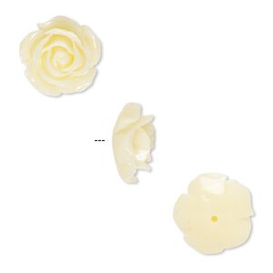 Bead, resin, antique white, 12x12mm half-drilled rose. Sold per pkg of 4.