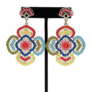 Earring, acrylic rhinestone / steel / antique gold-finished "pewter" (zinc-based alloy), multicolored, 3 inches with flower and post. Sold per pair.