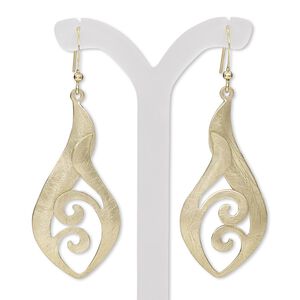 Earring, gold-finished steel and brass, 2-1/3 inches with brushed teardrop and cutout design with fishhook ear wire. Sold per pair.