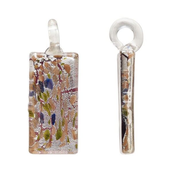 Focal, lampworked glass, multicolored, 50x24mm-52x25mm rectangle with copper-colored glitter and silver-colored foil. Sold individually. image number 0