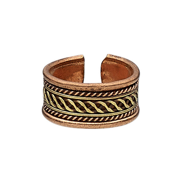 Ring, antiqued copper and brass, 11mm wide with twisted wire and wave design, size 9. Sold individually. image number 0