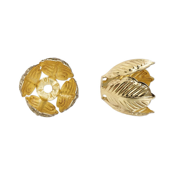 Bead cap, gold-finished copper, 15x14mm leaves, fits 10-12mm round bead. Sold per pkg of 10. image number 0