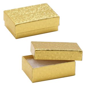 Box, paper, "cotton"-filled, gold, 2-5/8 x 1-1/2 x 1-inch rectangle. Sold per pkg of 10.