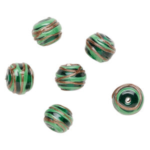 Bead, lampworked glass 1pkg6, translucent emerald green / opaque green / copper-colored glitter, 15x12mm rondelle with swirl.