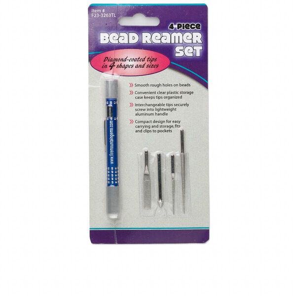 Bead reamer, aluminum, blue with nickel-plated knurling, 4.5 x 0.5 inches. Sold per 5-piece set (4 tips and 1 handle). image number 0