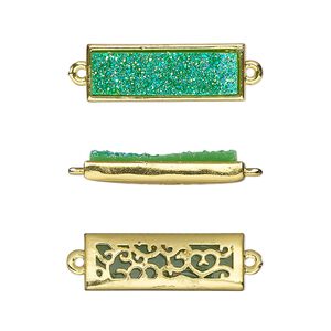 Link, Druzylite™, "druzy" (resin) and gold-finished brass, green, 21x8mm two-sided rectangle with open filigree back. Sold per pkg of 4.