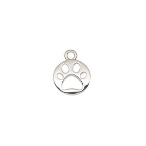 Drop, imitation rhodium-plated "pewter" (zinc-based alloy), 11mm round with cutout paw print. Sold individually.