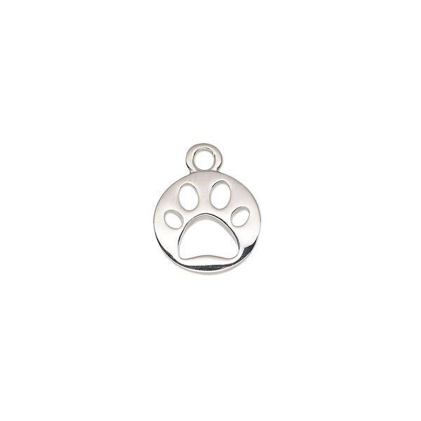 Drop, imitation rhodium-plated "pewter" (zinc-based alloy), 11mm round with cutout paw print. Sold individually. image number 0
