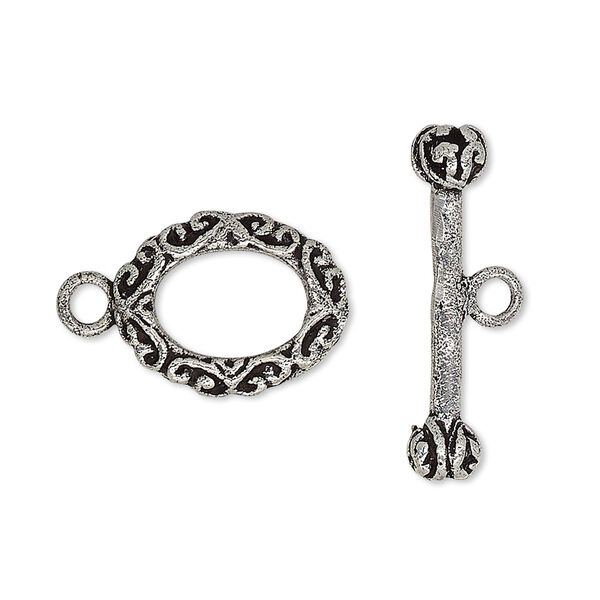 Clasp, toggle, antique silver-plated brass, 17x14mm oval with scroll design. Sold individually. image number 0