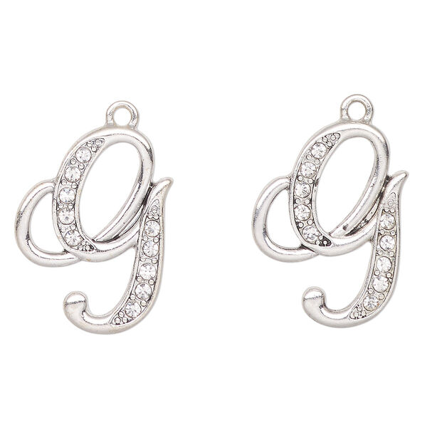 Charm, antique silver-finished "pewter" (zinc-based alloy) and glass, clear, 25x18mm letter "G". Sold per pkg of 2. image number 0