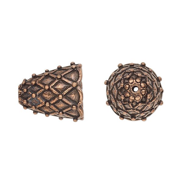 Cone, antique copper-plated pewter (tin-based alloy), 15.5x15mm with wire lattice design, fits 11mm bead. Sold per pkg of 2. image number 0