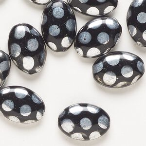 Bead, glass, pkg/20, 16x11mm puffed oval, opaque silver and black with dot pattern.