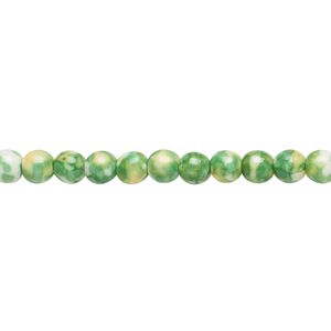 Bead, resin and painted ceramic, green / white / yellow, 4mm round. Sold per 15-1/2" to 16" strand.