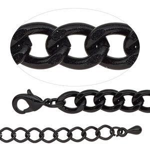 Chain 1pkg1 curb, 6.8mm / lobster claw clasp, black-finished steel / brass 7.5 inch