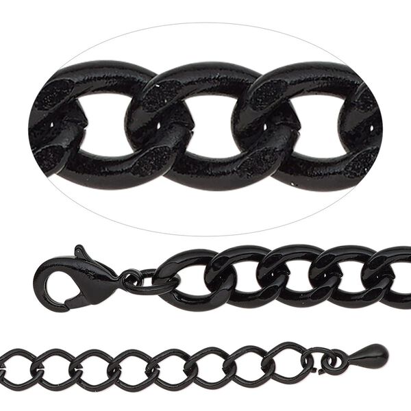 Chain, black-finished steel and brass, 6.8mm curb, 7-1/2 inches with 2-inch extender chain and lobster claw clasp. Sold individually. image number 0