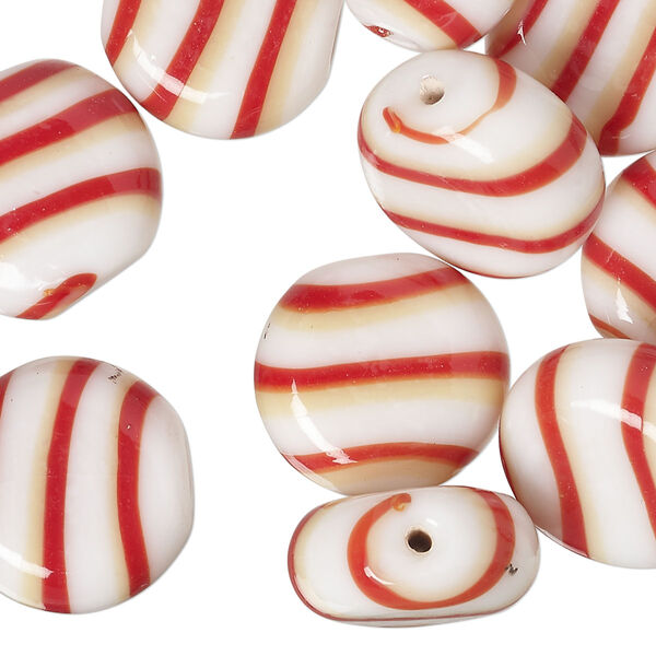 Bead, lampworked glass, opaque red / golden / white, 17mm flat round. Sold per pkg of 10. image number 0