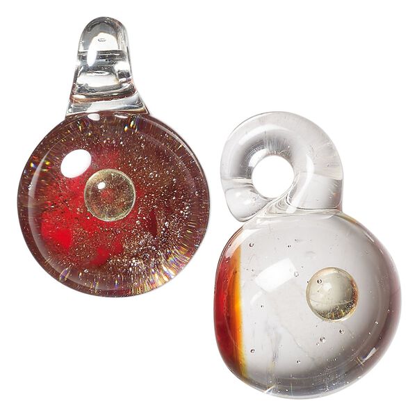 Drop, lampworked glass, clear / red / copper, 21mm round. Sold individually. image number 0