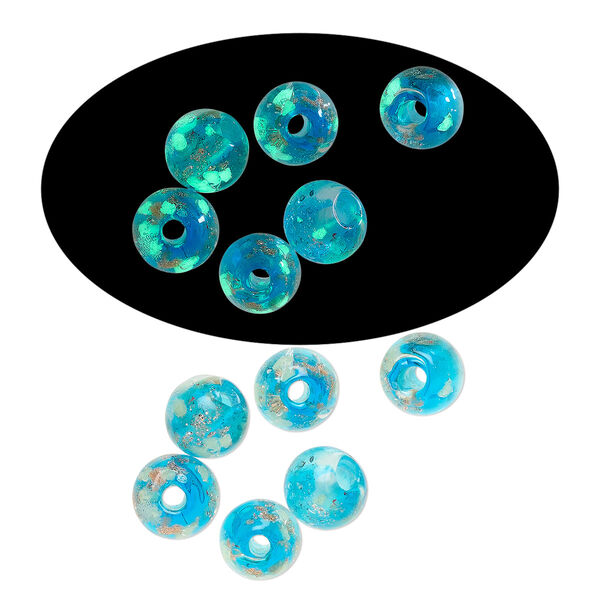 Bead, lampworked glass, clear / blue / glow-in-the-dark / gold, 6mm round. Sold per pkg of 6. image number 0