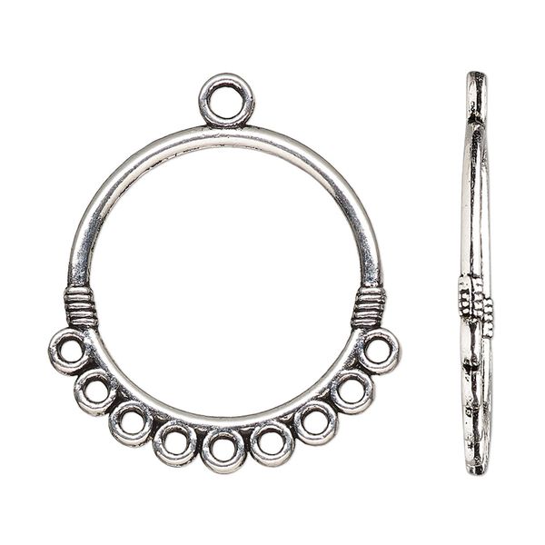 Drop, antique silver-finished "pewter" (zinc-based alloy), 26mm double-sided open round with 9 closed loops. Sold per pkg of 10. image number 0