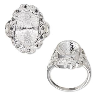 Ring, Almost Instant Jewelry®, glass rhinestone and silver-plated "pewter" (zinc-based alloy), grey, 23.5mm wide with leaf design and 14x10mm oval setting, size 8. Sold individually.