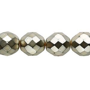 Bead, Czech fire-polished glass, pkg/15-1/2 to 16 inches, 12mm faceted round, opaque gold carmen, (23980-70084).