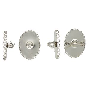 Pin back, silver-finished steel, 26x20mm scalloped oval with 25x18mm oval setting. Sold per pkg of 4.