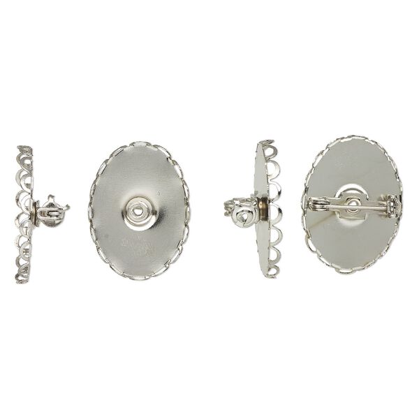 Pin back, silver-finished steel, 26x20mm scalloped oval with 25x18mm oval setting. Sold per pkg of 4. image number 0
