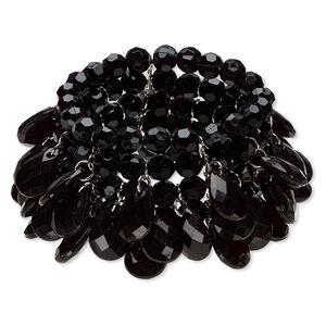 Bracelet, stretch, acrylic and silver-plated steel, black, 38mm wide with round and teardrop, 6-1/2 inches. Sold individually.