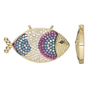 Connector, cubic zirconia and gold-finished brass, multicolored, 31.5x17mm single-sided fish. Sold individually.