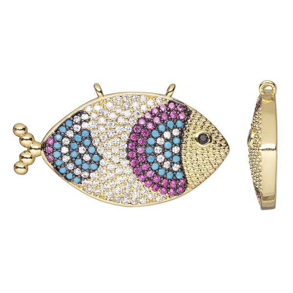 Connector, cubic zirconia and gold-finished brass, multicolored, 31.5x17mm single-sided fish. Sold individually. image number 0