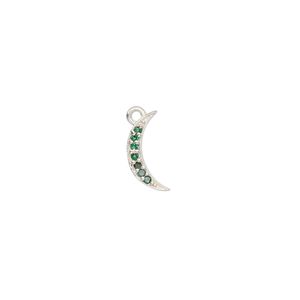Charm, silver-plated brass and cubic zirconia, green, 12x5.5mm moon. Sold per pkg of 2.