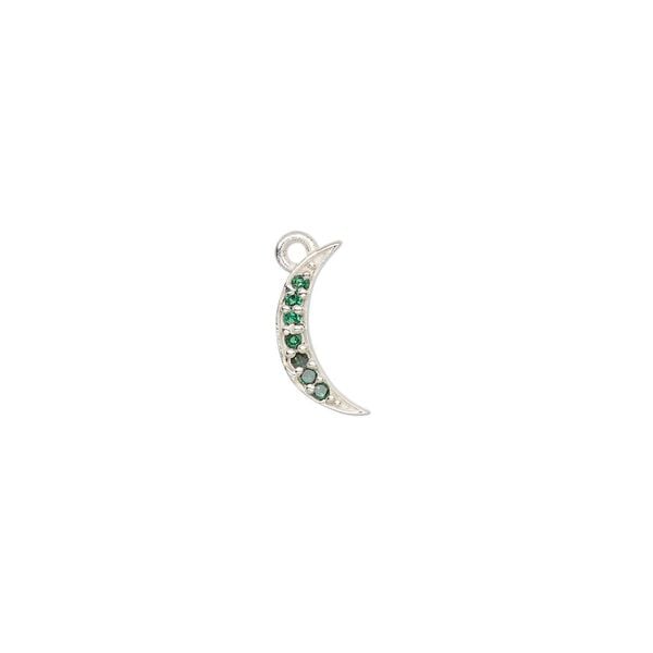 Charm, silver-plated brass and cubic zirconia, green, 12x5.5mm moon. Sold per pkg of 2. image number 0