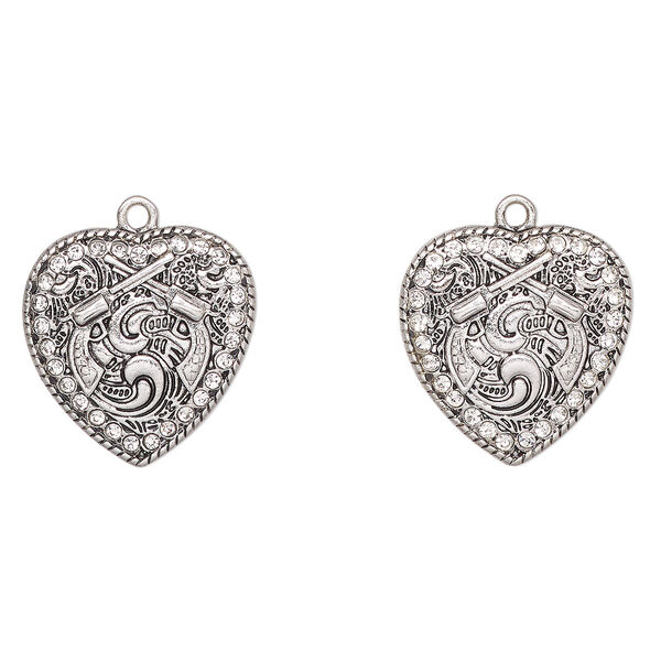 Charm, antique silver-finished "pewter" (zinc-based alloy) and glass, clear, 23x22mm heart with pistols. Sold per pkg of 2. image number 0