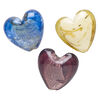 Bead mix, lampworked glass, pkg/3, opaque and translucent multicolored with silver-colored foil and copper-colored glitter, 34-37mm puffed heart. image number 0