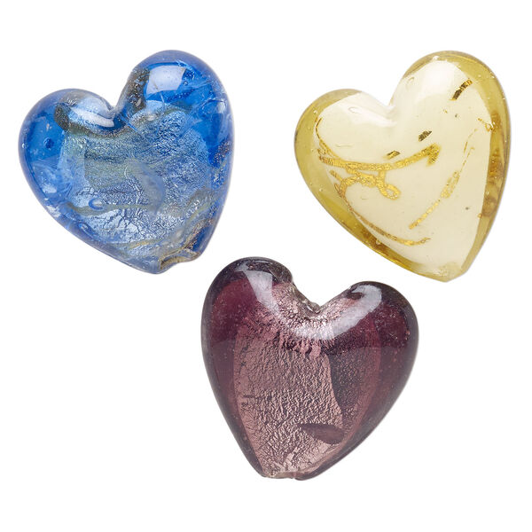 Bead mix, lampworked glass, pkg/3, opaque and translucent multicolored with silver-colored foil and copper-colored glitter, 34-37mm puffed heart. image number 0