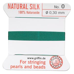 Thread, Griffin, silk, green, size #0. Sold per 2-meter card (approximately 78 inches).