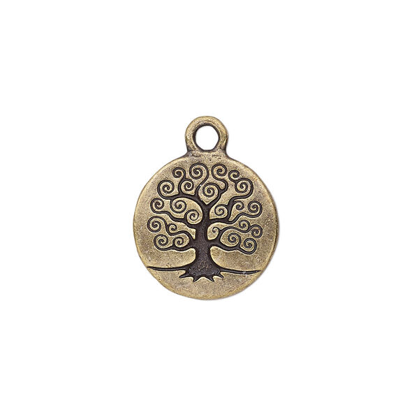 Drop, TierraCast®, antique brass-plated pewter (tin-based alloy), 15.5mm double-sided flat round with tree of life. Sold per pkg of 20. image number 0