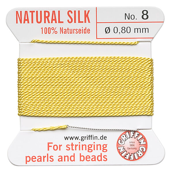 Thread, Griffin, silk, yellow, size #8. Sold per 2-meter card (approximately 78 inches). image number 0