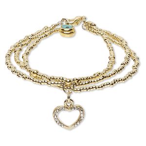 Bracelet, 3-strand, resin / glass rhinestone / gold-finished steel / brass / "pewter" (zinc-based alloy), teal / black / clear, 12mm wide with 13x10mm open heart, 7 inches with lobster claw clasp. Sold individually.