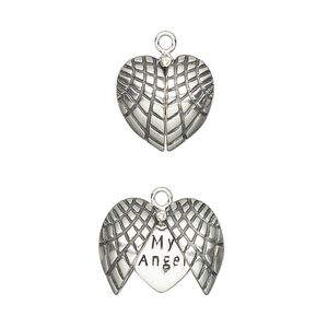 Charm, antiqued sterling silver, 13mm single-sided winged puffed heart with "My Angel" inner heart. Sold individually.