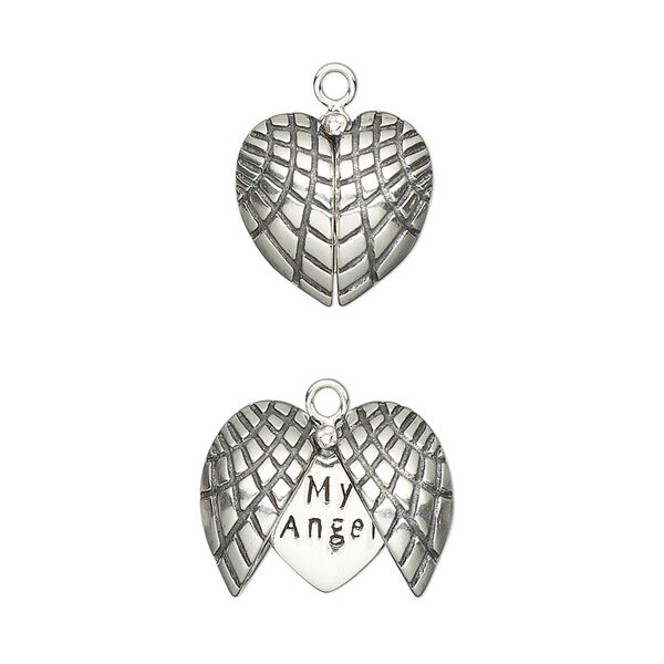 Charm, antiqued sterling silver, 13mm single-sided winged puffed heart with "My Angel" inner heart. Sold individually. image number 0