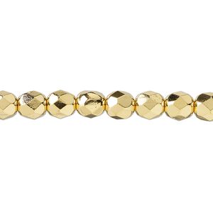 Bead, fire-polished, 14Kt gold-plated glass, opaque clear, 6mm faceted round. Sold per 1 mass, approximately 1,200 beads.