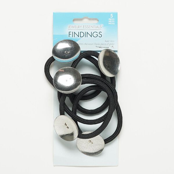 Hair tie, stretch, nylon and silver-finished steel, black, 5mm wide with 28mm concave round pad, up to 6-1/2 inches. Sold per pkg of 5. image number 0
