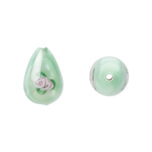Bead, Czech lampworked glass, opaque green and pink, 14x10mm-15x11mm teardrop with flower design. Sold per pkg of 2.
