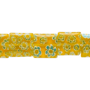 Bead, millefiori glass, translucent orange / blue / white, 11mm-13x12mm puffed square with flower design. Sold per 14-inch strand.